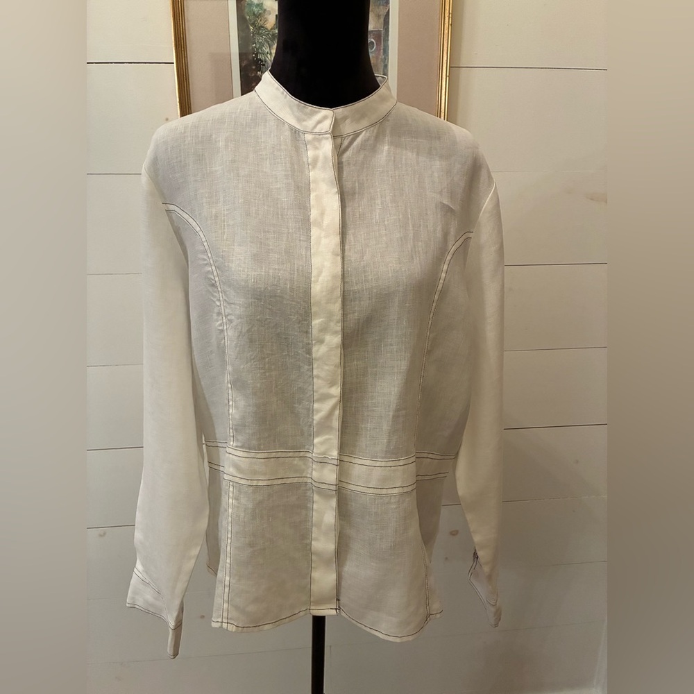 ISHYU 100% Linen Cream Contrast Stitch Button F Blouse L / XL new like condition